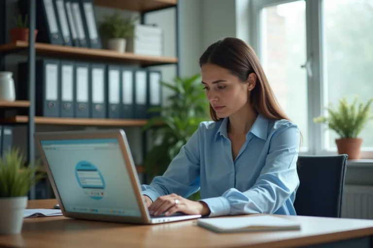 Enseignante accédant au webmail AC Versailles sur un ordinateur portable dans un bureau scolaire
