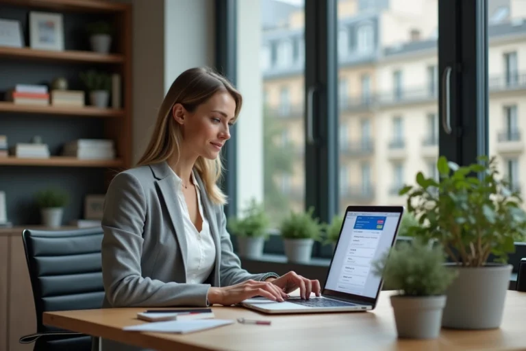 Femme professionnelle accédant à son webmail Convergence sur un ordinateur portable dans un bureau moderne à Lyon