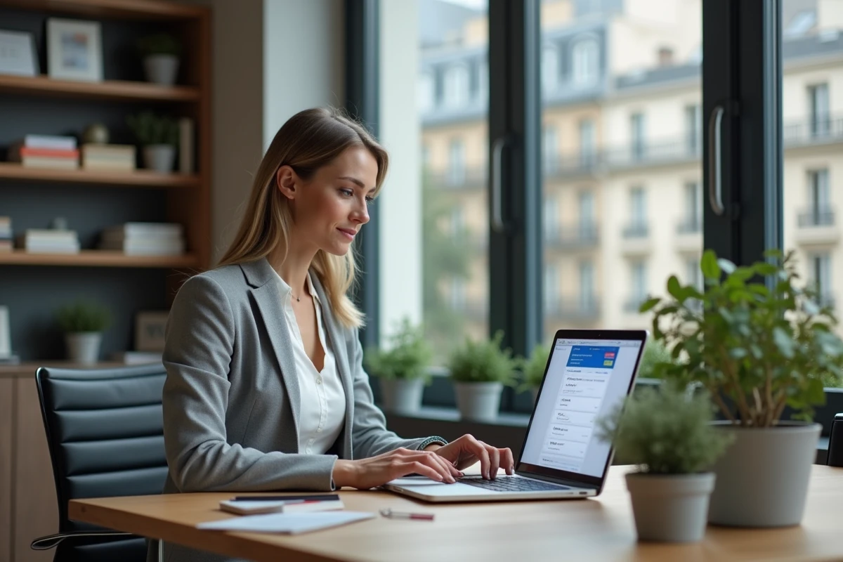 Femme professionnelle accédant à son webmail Convergence sur un ordinateur portable dans un bureau moderne à Lyon