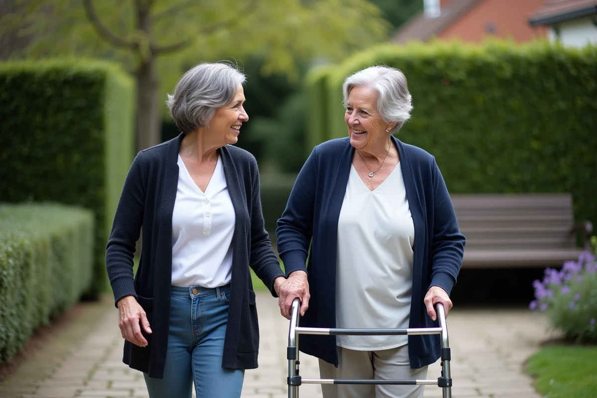 Accompagnatrice à domicile se promenant avec une personne âgée dans un jardin résidentiel