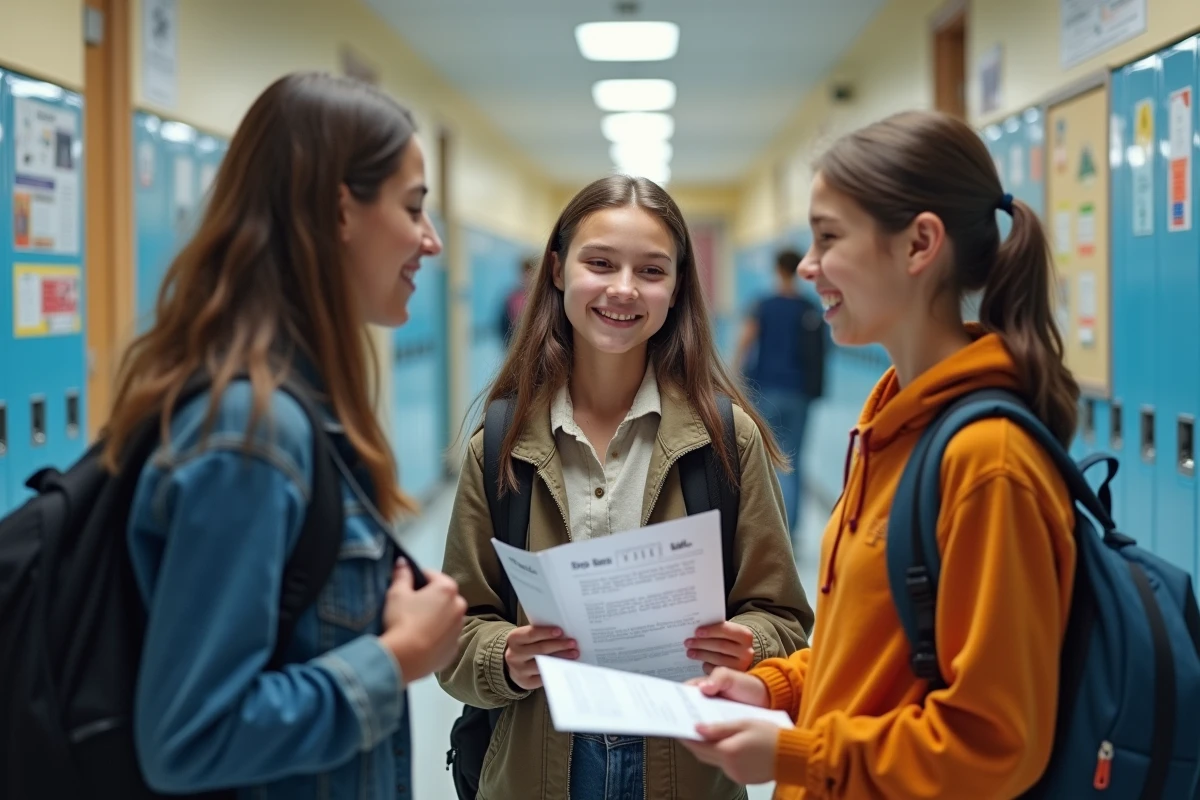 Trois adolescents français discutent dans un couloir scolaire