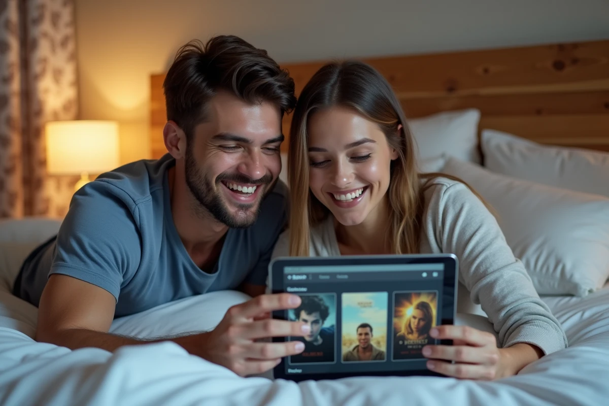 Deux amis regardant des films en streaming sur une tablette dans une chambre cosy