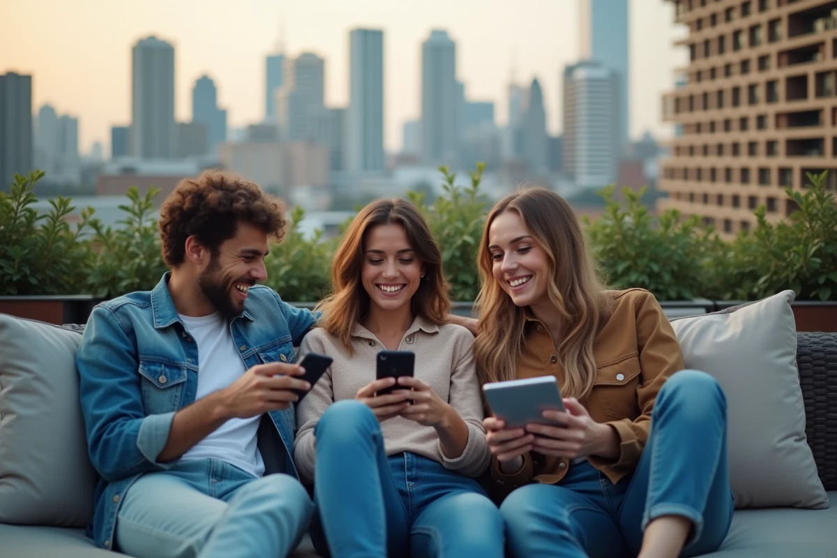 Groupe d amis regardant un film en streaming sur un toit urbain