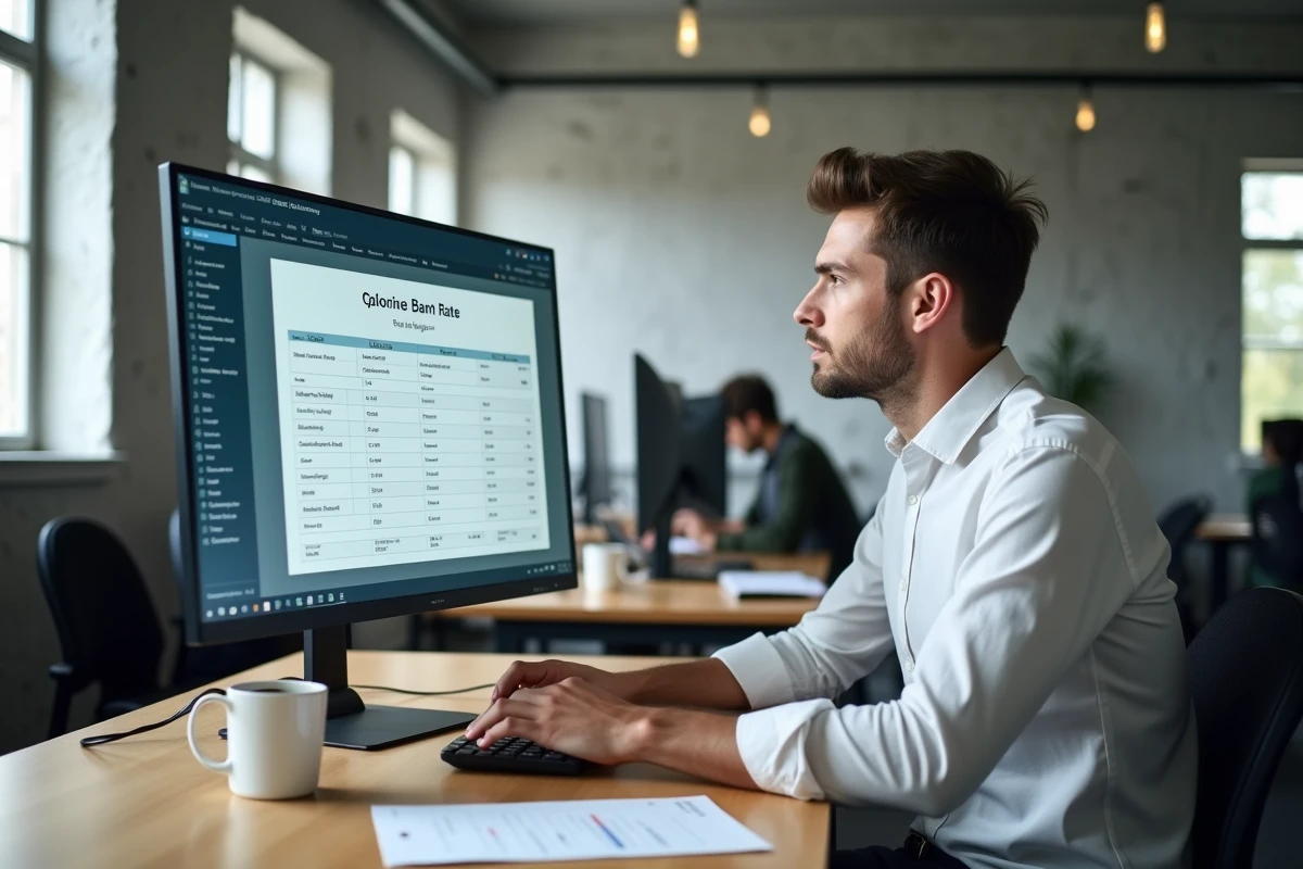Un jeune homme analyse et compare les taux de prêt immobilier de plusieurs banques sur un écran d'ordinateur dans un espace de travail moderne