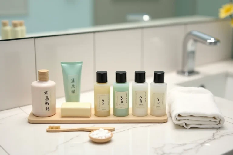 Articles de toilette fournis dans un hôtel japonais alignés sur un comptoir en marbre blanc, incluant shampooing, savon et brosse à dents en bois
