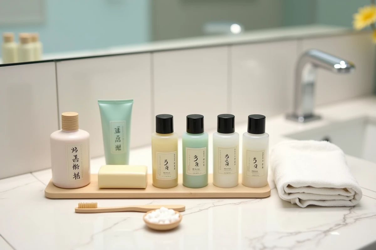 Articles de toilette fournis dans un hôtel japonais alignés sur un comptoir en marbre blanc, incluant shampooing, savon et brosse à dents en bois