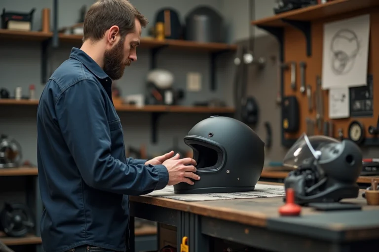 Artisan homme examine un casque moto dans son atelier