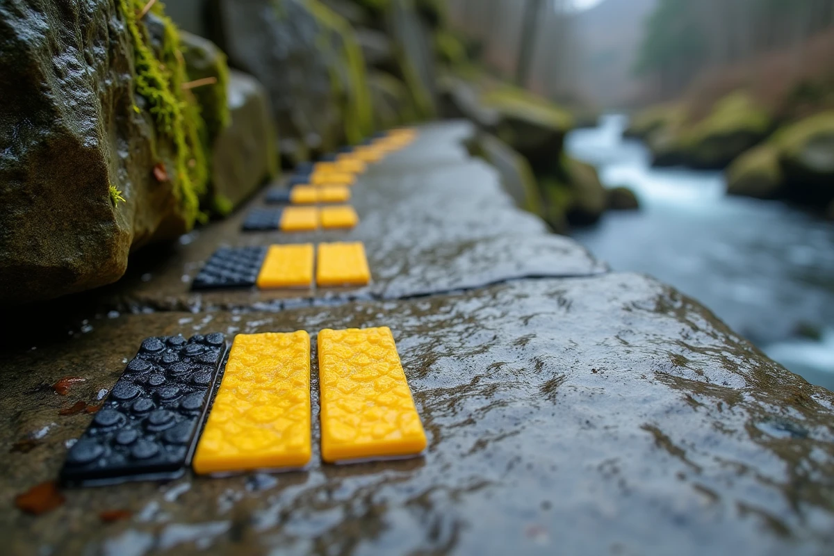 Balisage anti-dérapant installé sur les rochers du sentier du Pas de Roland, avec des bandes adhérentes visibles sur les pierres humides