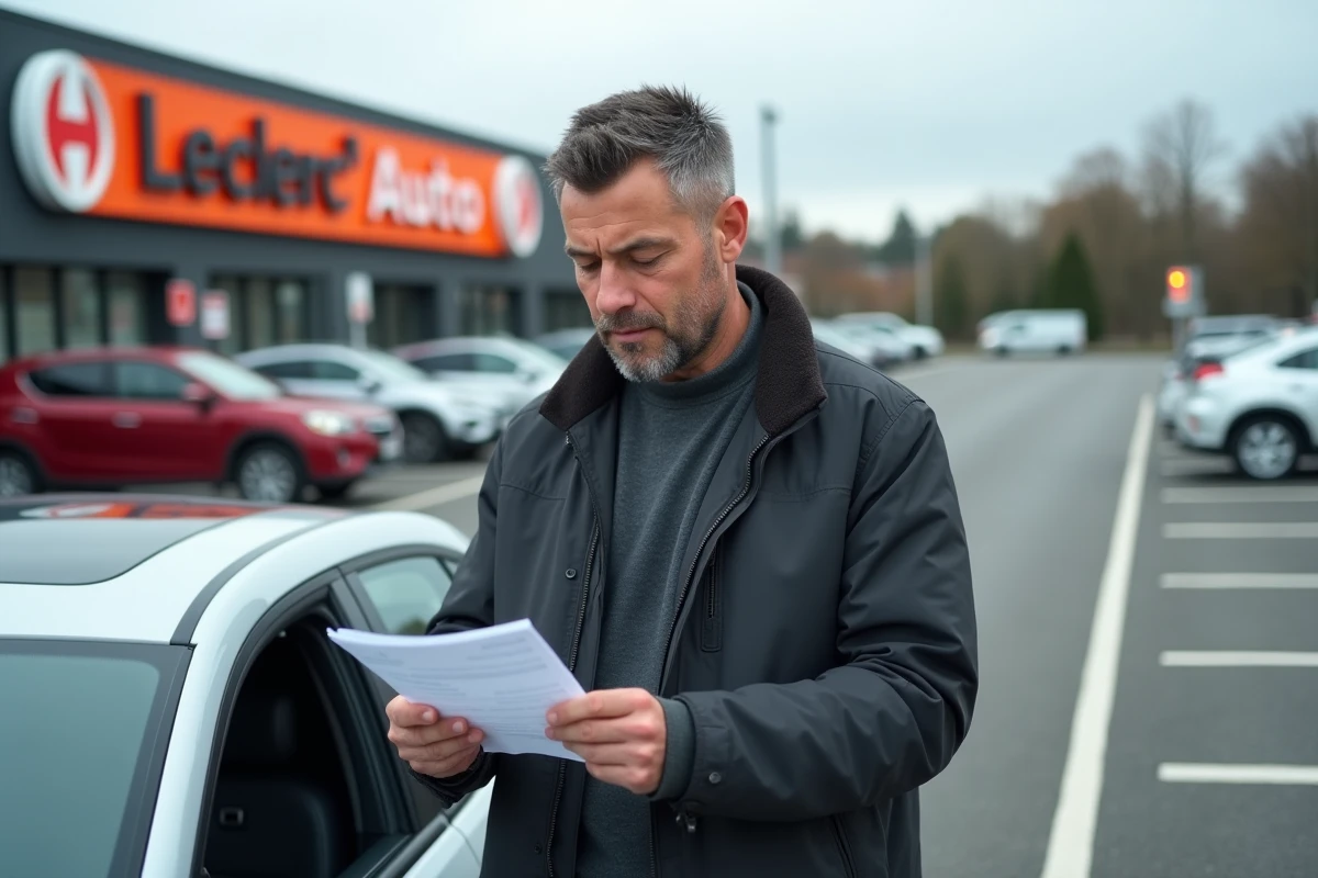 Homme consultant sa nouvelle carte grise devant sa voiture dans le parking d'un Leclerc Auto