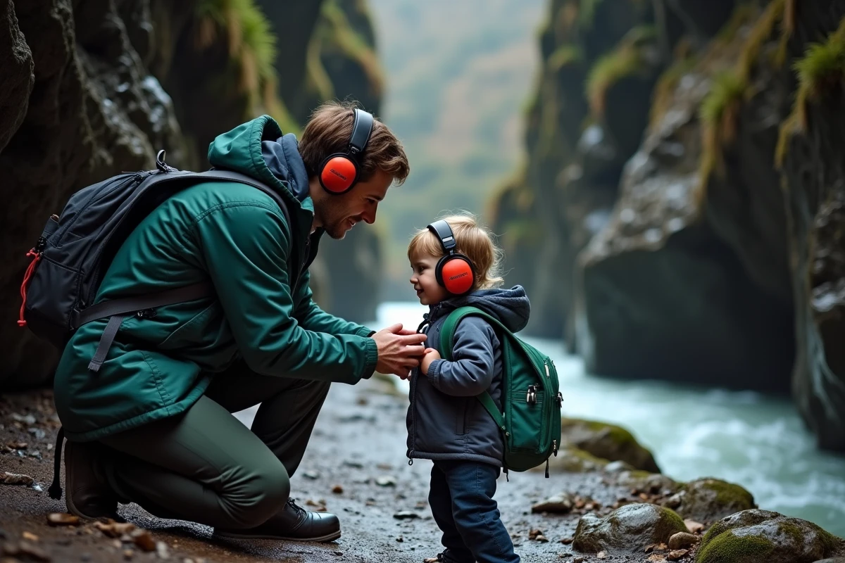 Un parent ajuste un casque anti-bruit sur un enfant avant d'entrer dans le passage rocheux encaissé du Pas de Roland
