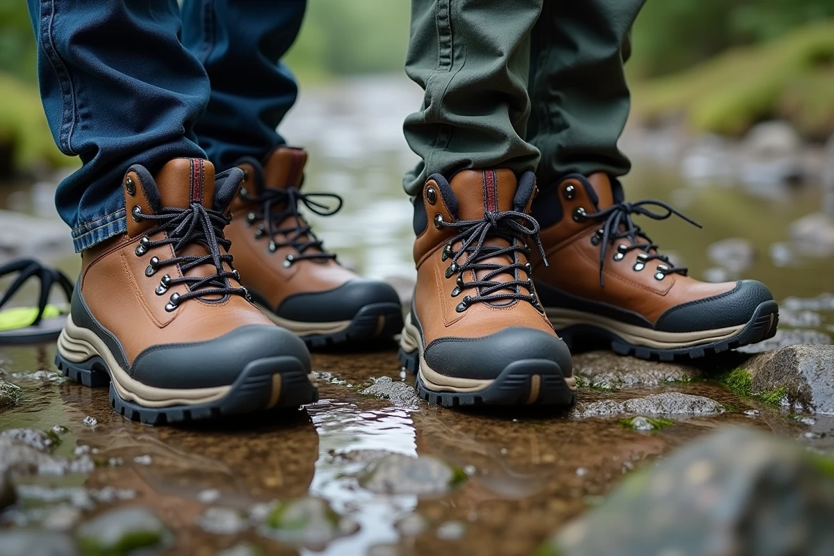 Chaussures de randonnée à semelle crantée portées par un adulte et un enfant sur le sentier humide et rocheux du Pas de Roland, contrastant avec des sandales de rivière