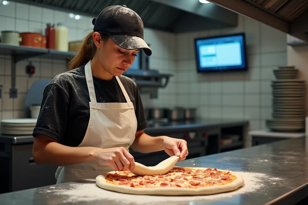 Cheffe pizzaïola préparant une pizza dans une cuisine professionnelle avec un système de commande numérique affiché en arrière-plan