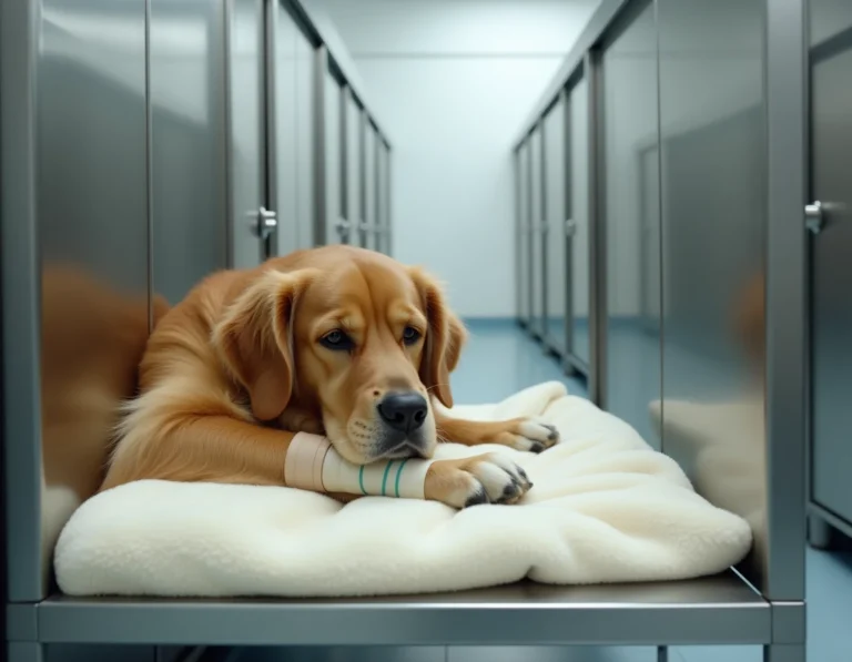 Chien golden retriever au repos dans un chenil vétérinaire en acier inoxydable avec une couverture polaire lors d'une hospitalisation