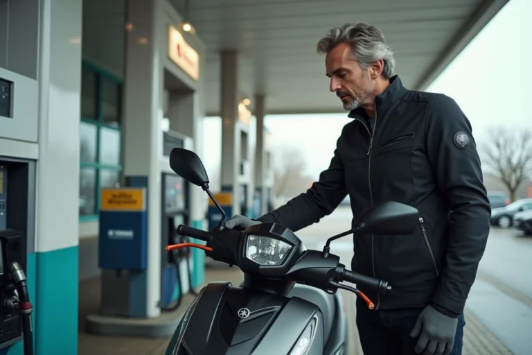 Motard choisissant l'essence adaptée à sa Yamaha TMAX 530 à la pompe d'une station-service moderne