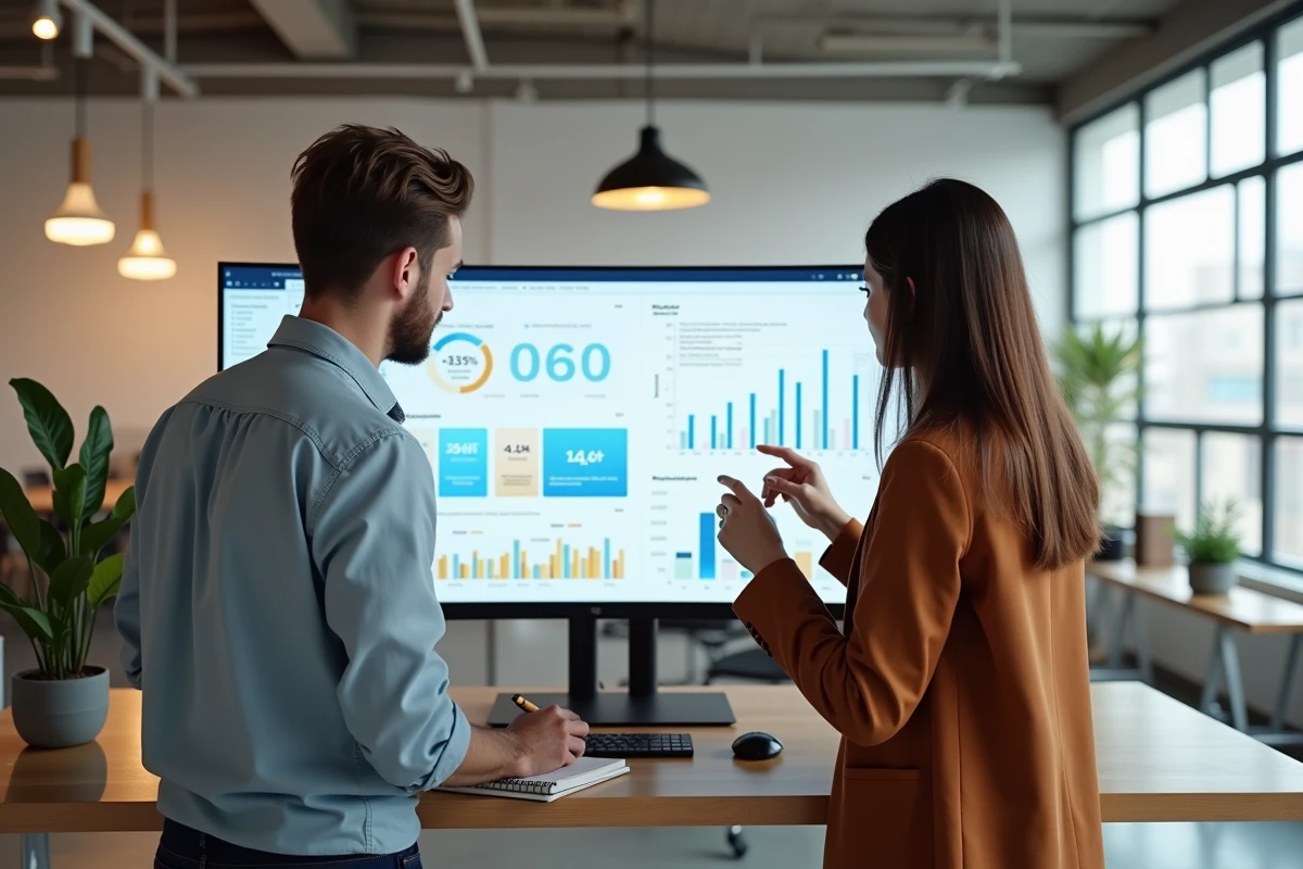Deux collègues analysant des outils de veille stratégique et de tendances business en co-working