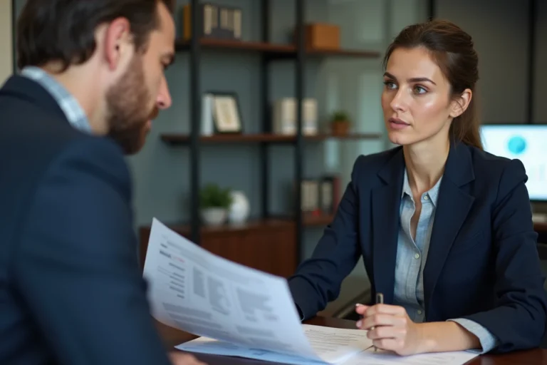 Une femme discute de son prêt immobilier avec un conseiller bancaire dans un bureau professionnel, comparant les offres de taux