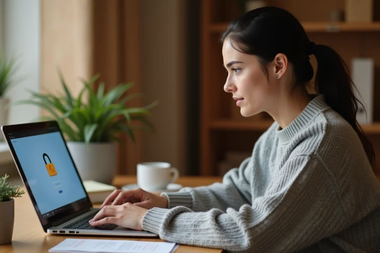Femme se connectant en sécurité à un site web sur son ordinateur portable dans un bureau à domicile