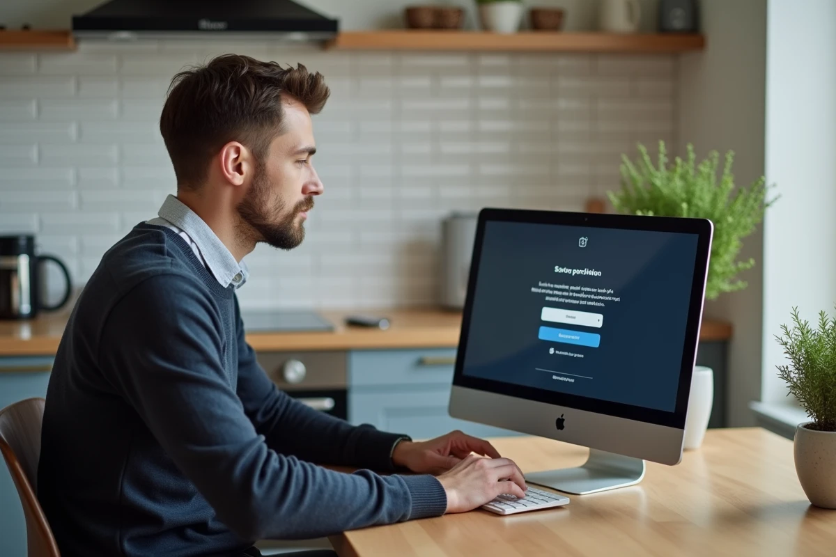 Homme accédant en toute sécurité à son webmail Convergence depuis son domicile à Lyon sur un ordinateur de bureau
