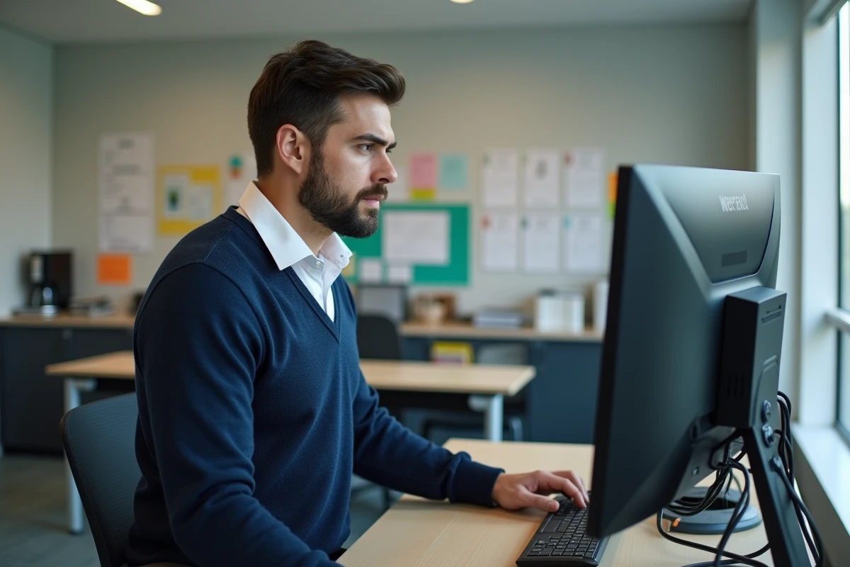 Personnel éducatif naviguant sur le webmail académique Versailles dans une salle des professeurs
