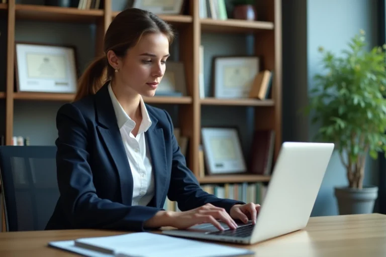Femme professionnelle se connectant à sa messagerie académique Webmel Nancy Metz sur un ordinateur portable dans un bureau universitaire