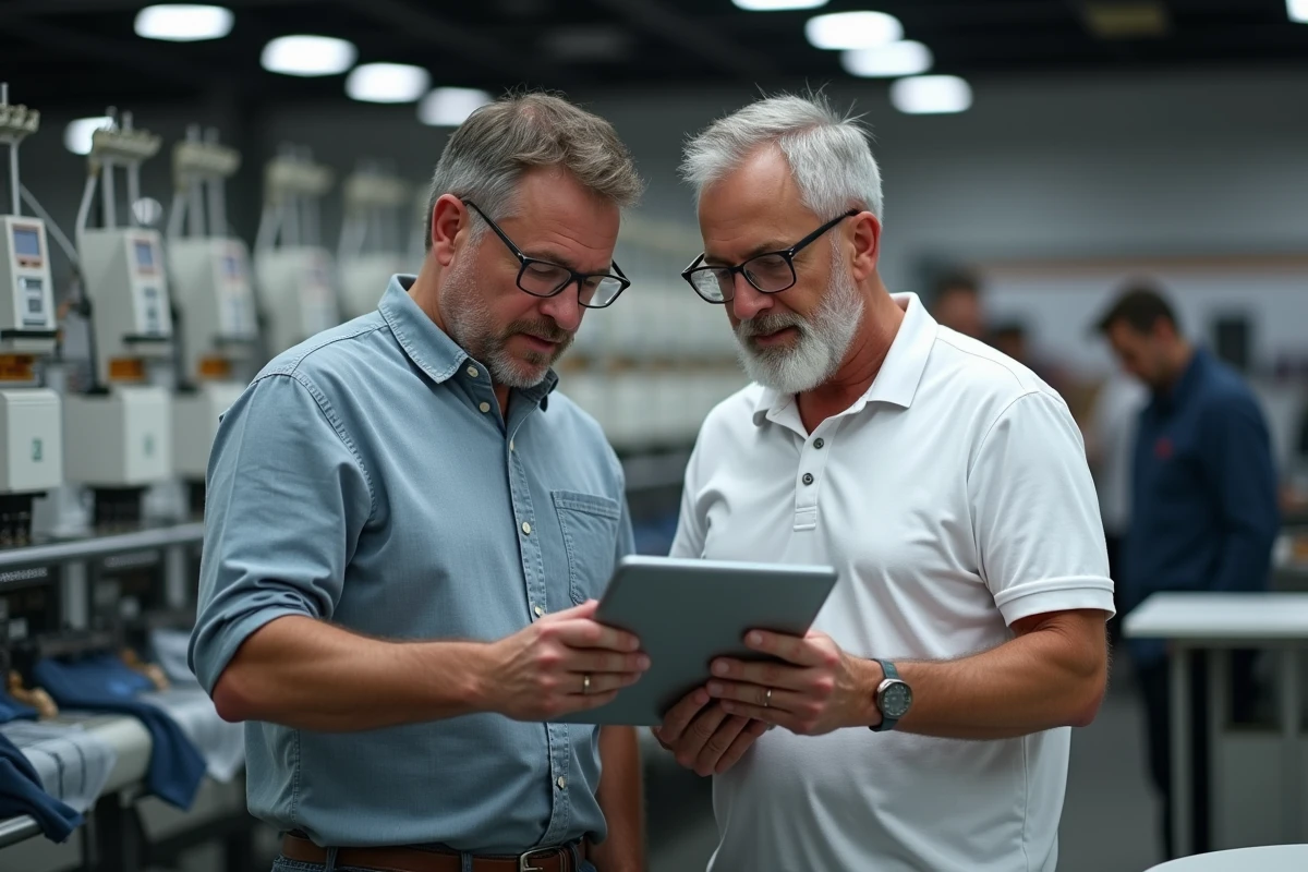 Deux hommes consultent un tablette dans un atelier d impression