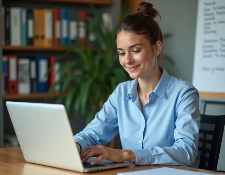 Femme enseignante consultant son webmail académique de Lyon sur un ordinateur portable dans un bureau universitaire