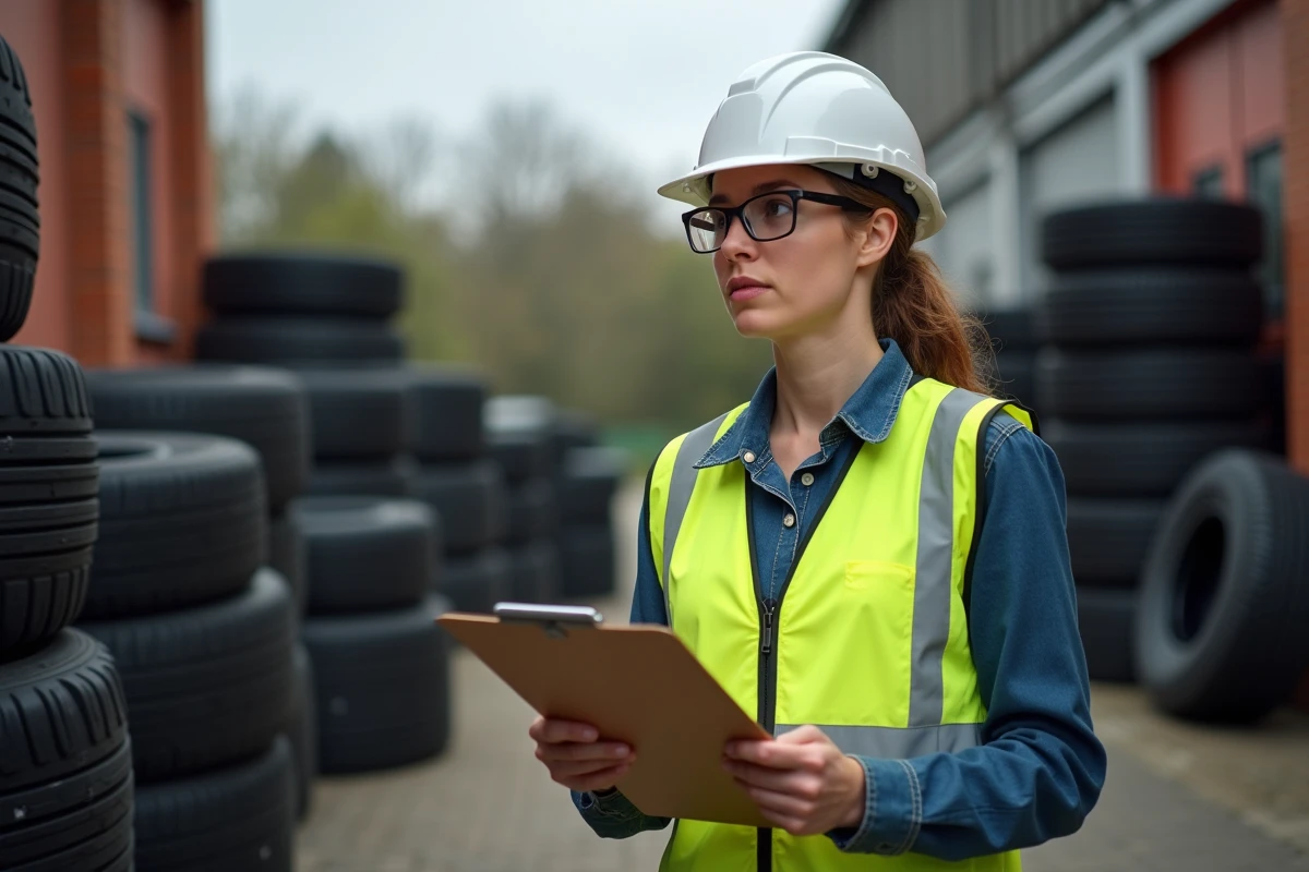Ingénieure contrôle qualité avec pneus finis à l