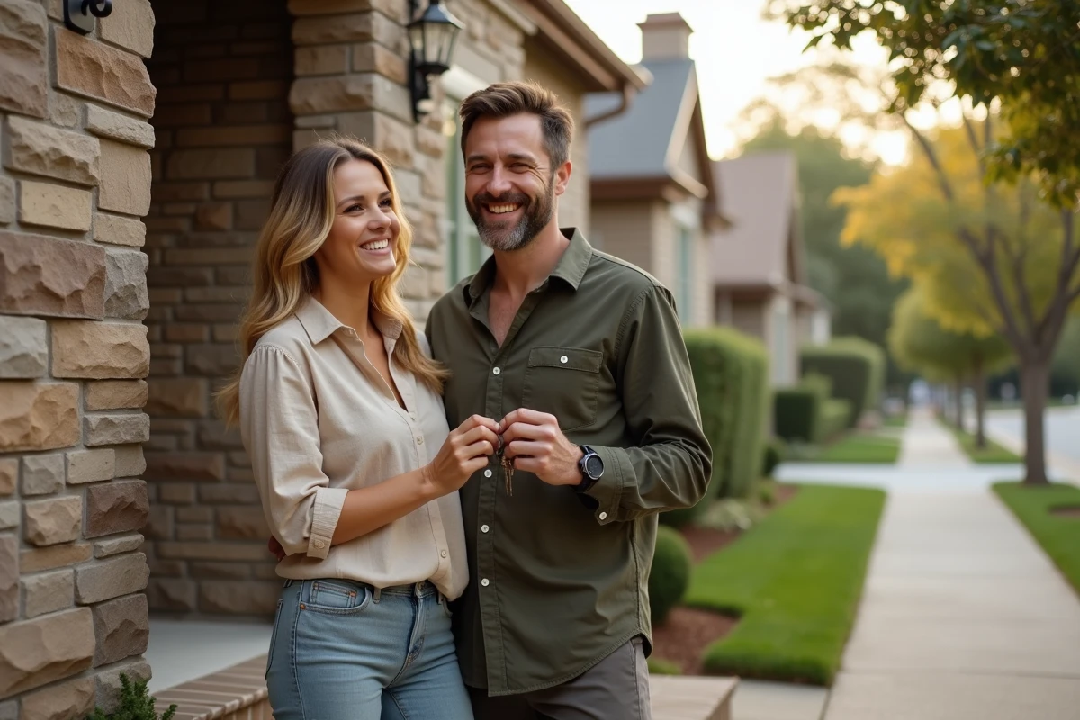 Couple tenant des clés devant leur propriété immobilière, symbole d'un investissement réussi pour sécuriser leur avenir financier