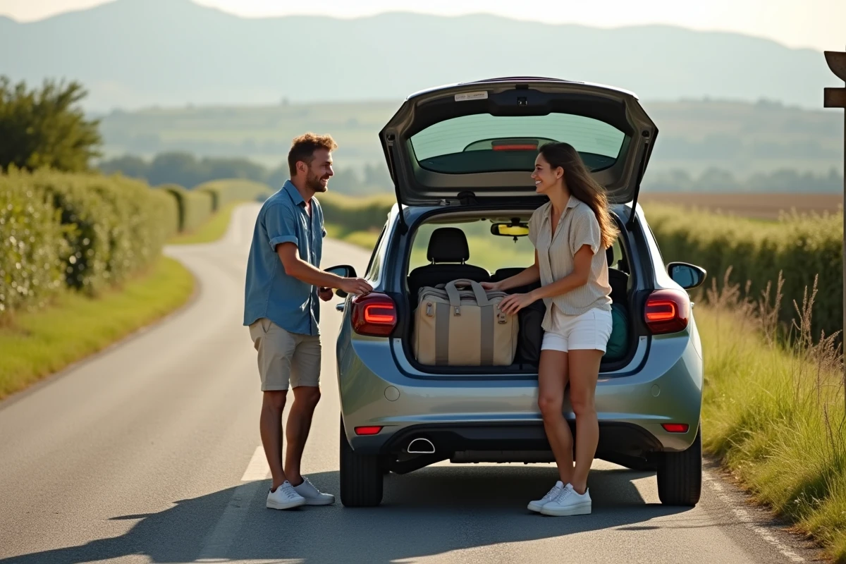 Couple chargeant des bagages dans le coffre d'une voiture de location sur une route de campagne, ambiance voyage et liberté