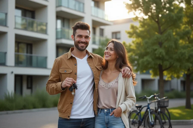 Jeune couple tenant des clés devant un immeuble neuf en accession sociale PSLA