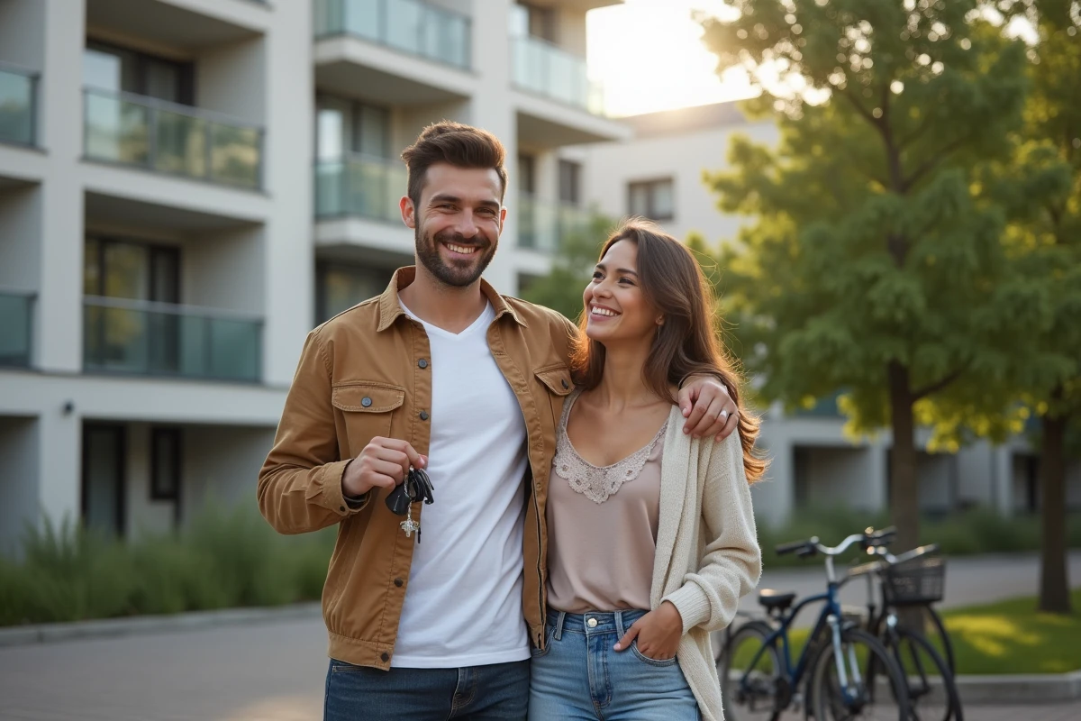 Jeune couple tenant des clés devant un immeuble neuf en accession sociale PSLA