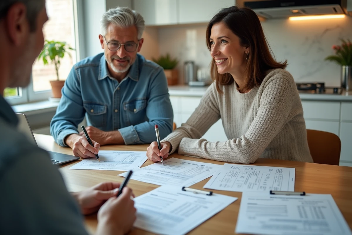 Un couple compare des offres de taux de prêt immobilier de différentes banques autour d'une table de cuisine avec des documents et un ordinateur portable