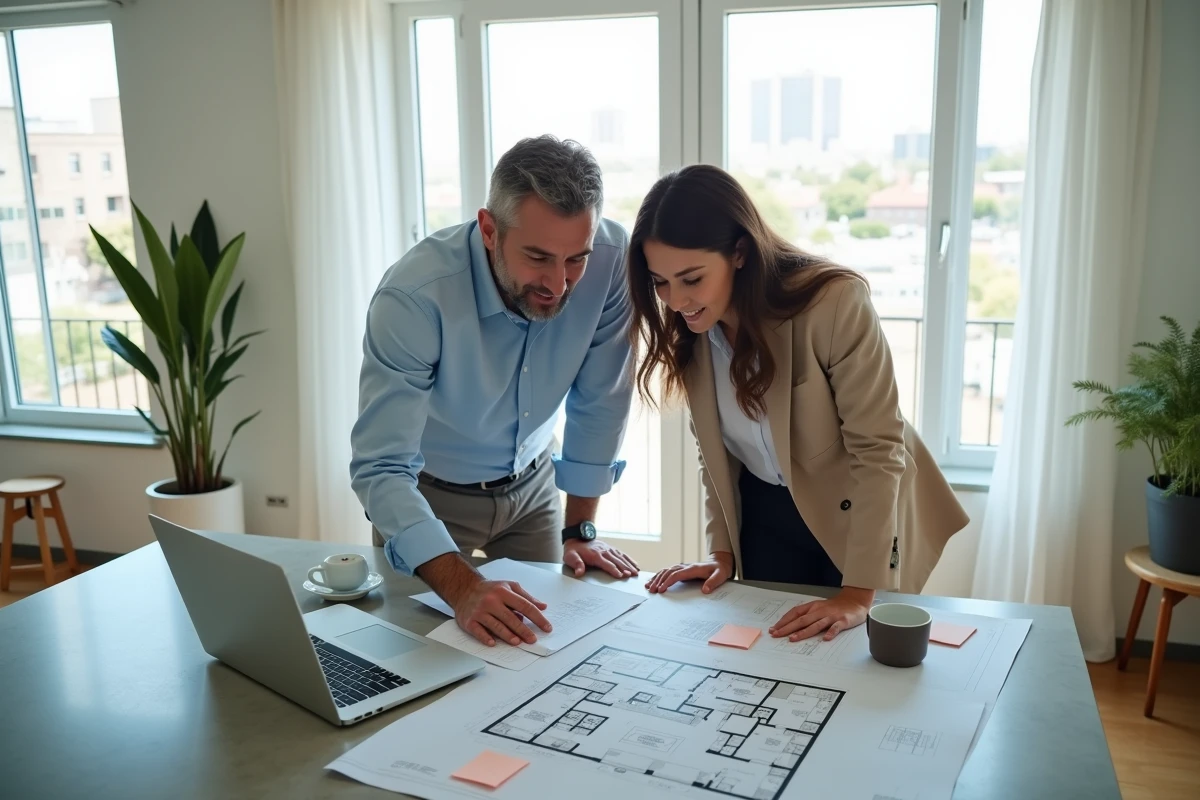Couple de professionnels étudiant des plans immobiliers et des annonces de propriétés sur un ordinateur portable dans une cuisine moderne