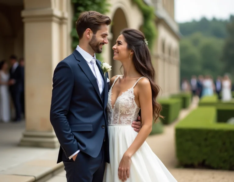 Couple élégant en tenue de mariage devant un château français lors d'une cérémonie de mariage