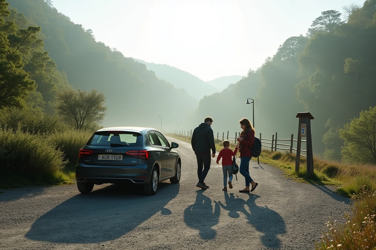 Une famille arrive tôt le matin au Pas de Roland dans un parking quasi vide, choisissant un créneau hors pic de fréquentation
