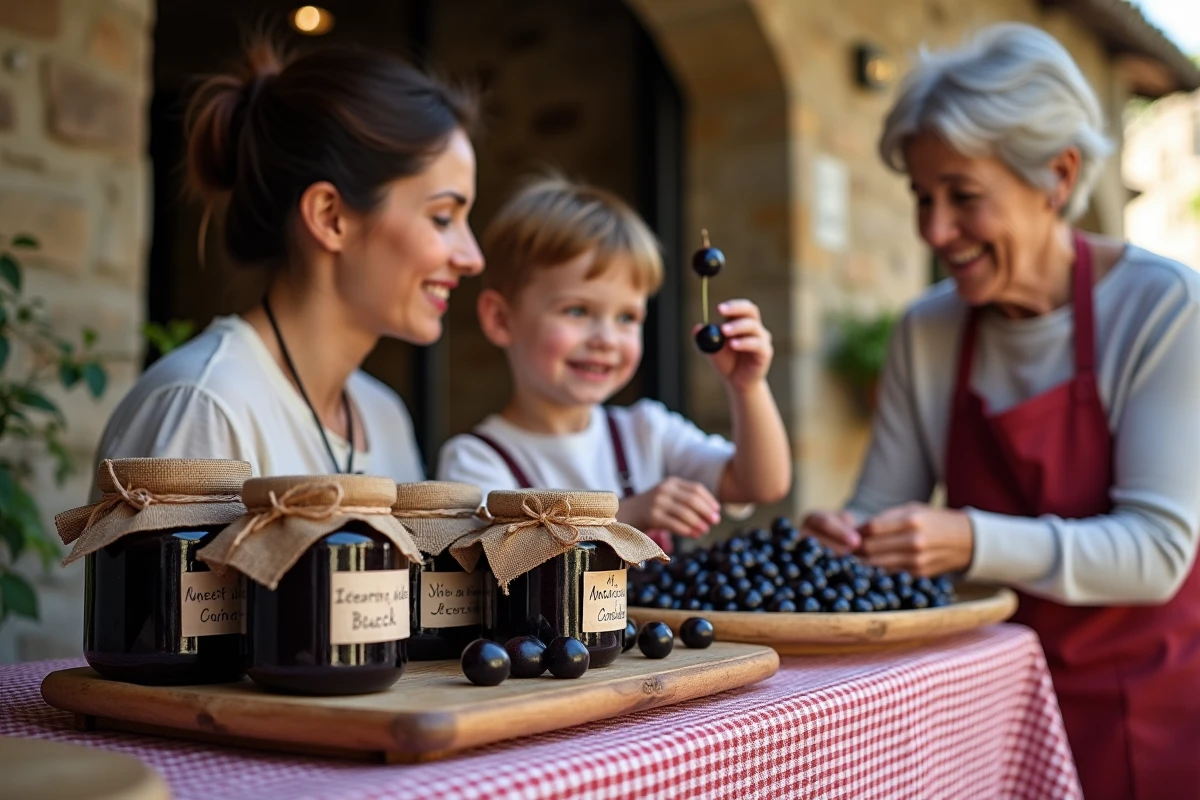 Une famille découvre les cerises noires d'Itxassou chez un artisan du village après la visite du Pas de Roland