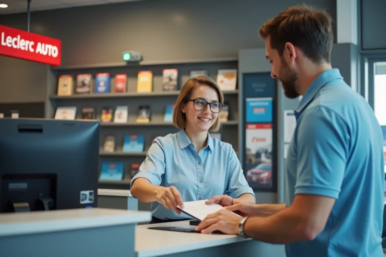Femme remettant des documents pour une demande de carte grise au comptoir d'un centre Leclerc Auto