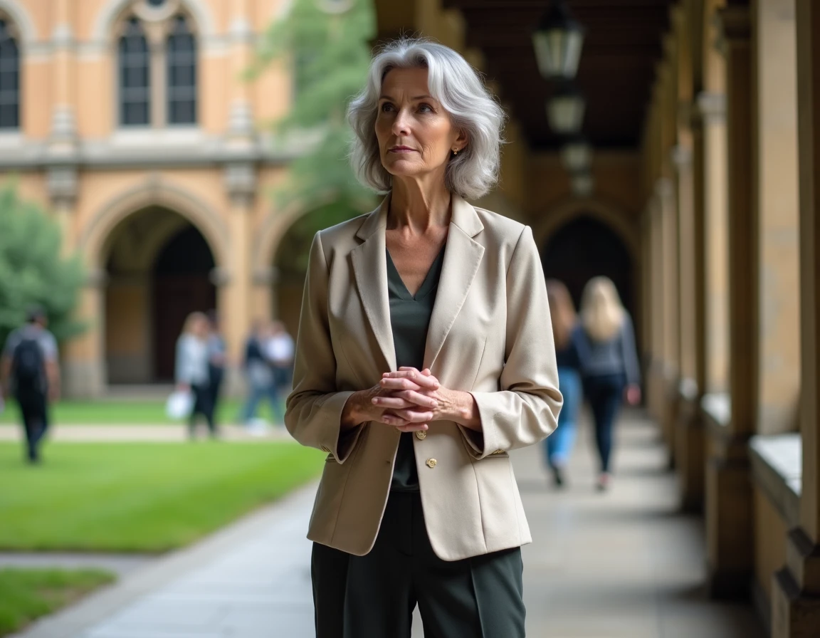 Femme aux cheveux argentés dans un couloir universitaire, évoquant le milieu académique et scientifique lié à la vie d'Elaine Mason Hawking