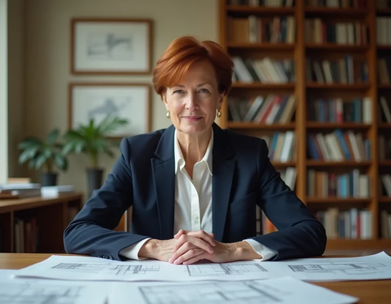 Femme professionnelle aux cheveux auburn courts assise à un bureau avec des plans architecturaux, illustrant la carrière et le parcours d'Elaine Mason
