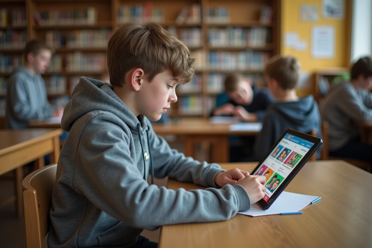 Élève adolescent utilisant une application pédagogique interactive sur tablette dans une bibliothèque scolaire dans le cadre du programme Ma Classe 2023