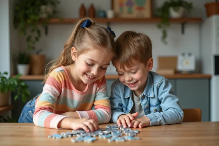 Jeune fille aidant son frère avec un puzzle dans la cuisine