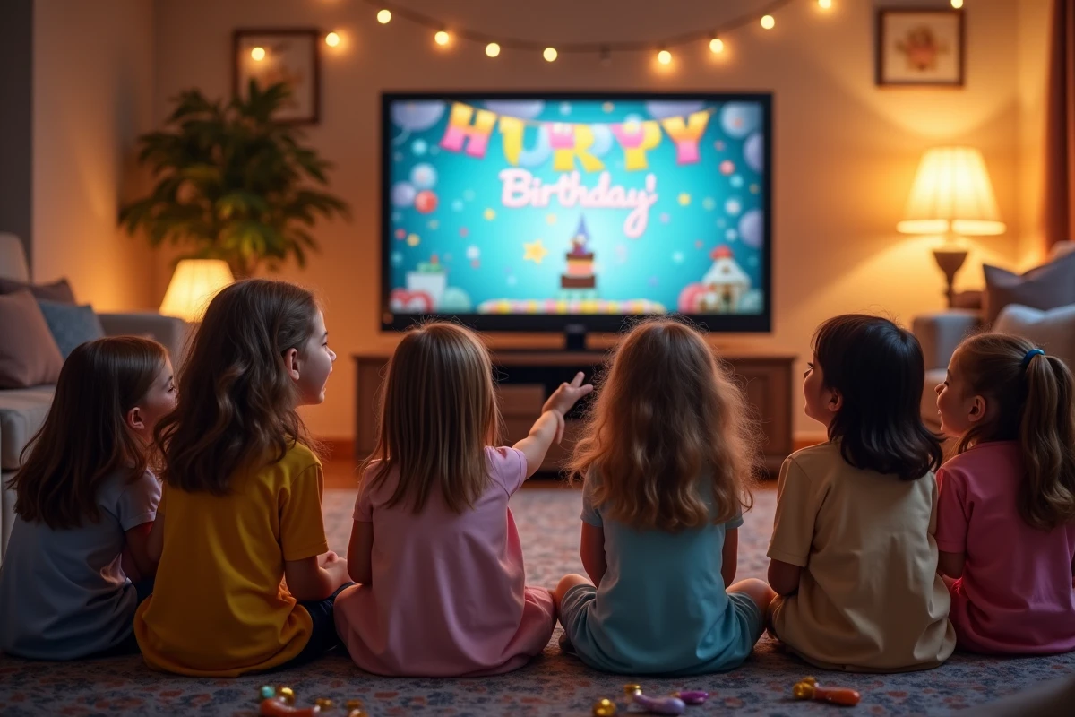 Enfants riant devant un diaporama d
