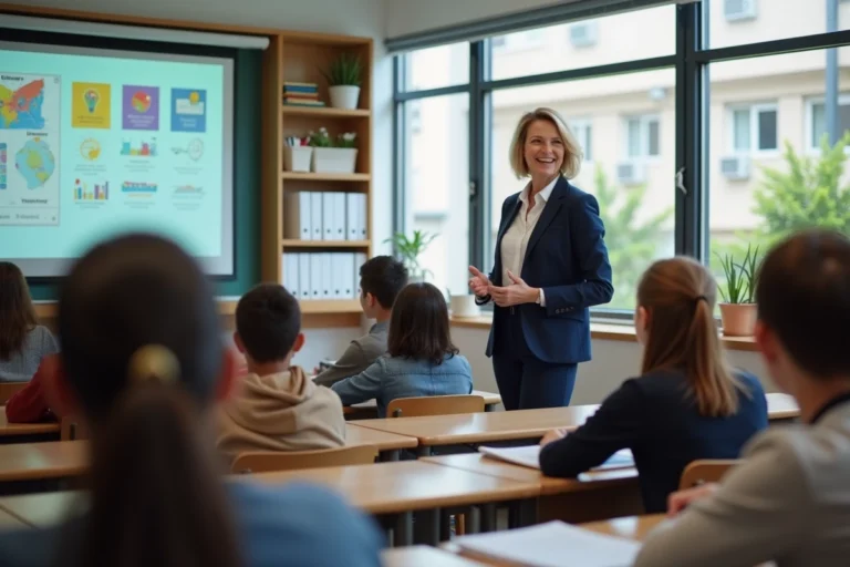 Enseignante présentant un programme éducatif innovant Ma Classe 2023 à des élèves dans une salle de classe moderne équipée d'un tableau interactif