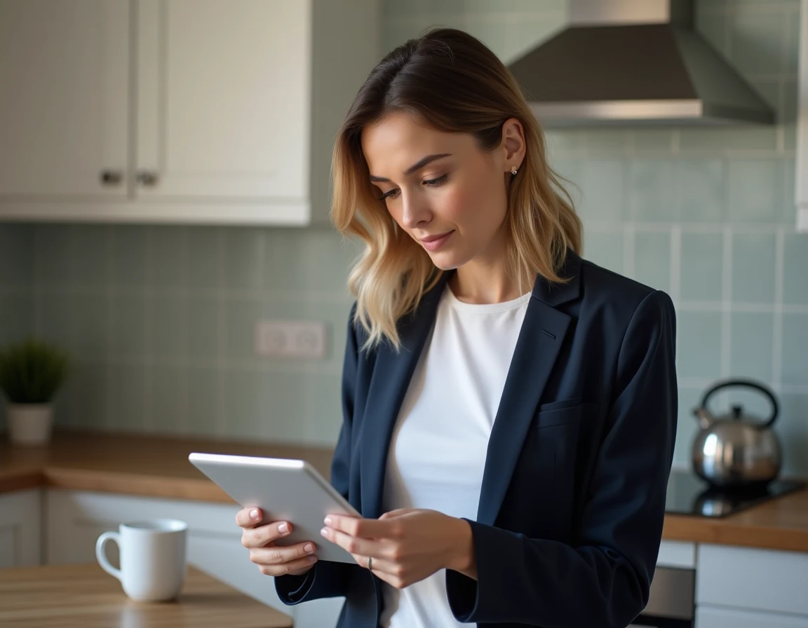 Enseignante consultant le webmail académique de Lyon sur une tablette depuis son domicile le matin