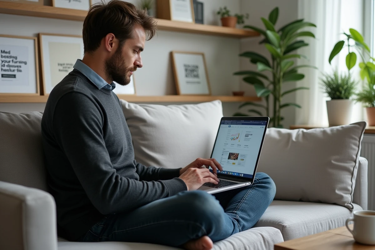 Entrepreneur travaillant sur sa stratégie de visibilité en ligne depuis son bureau à domicile avec des outils de marketing digital