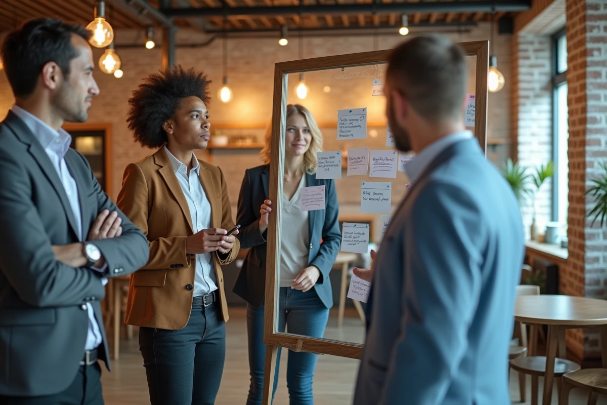 Équipe de professionnels collaborant sur une stratégie de visibilité digitale devant un tableau blanc dans un espace de coworking