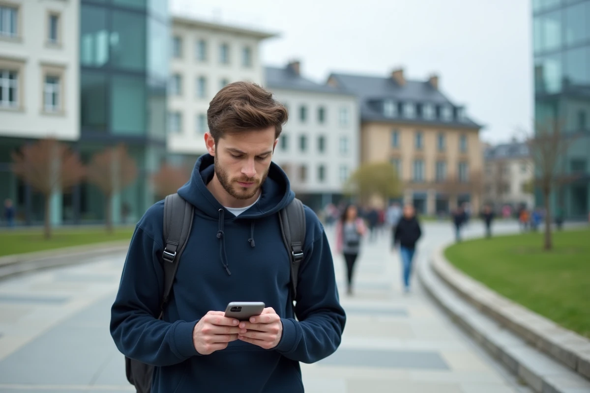 Jeune homme consultant son téléphone sur l'esplanade Charles-de-Gaulle à Rennes