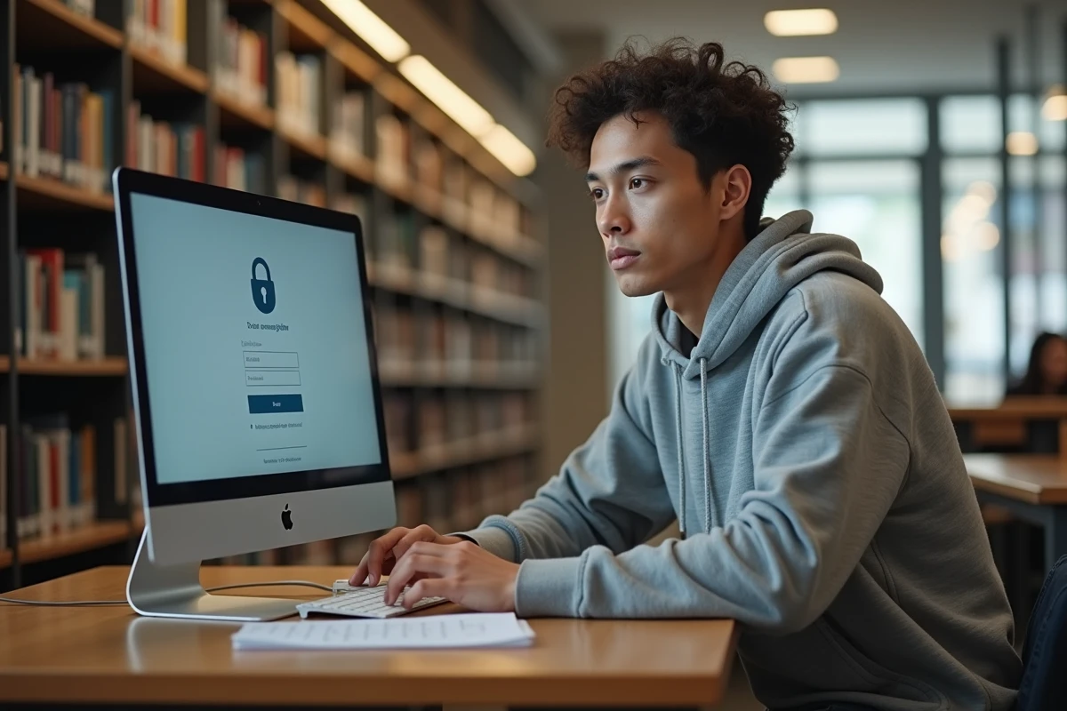 Étudiant universitaire accédant à son compte Webmel Nancy Metz sur un ordinateur de bibliothèque avec authentification sécurisée