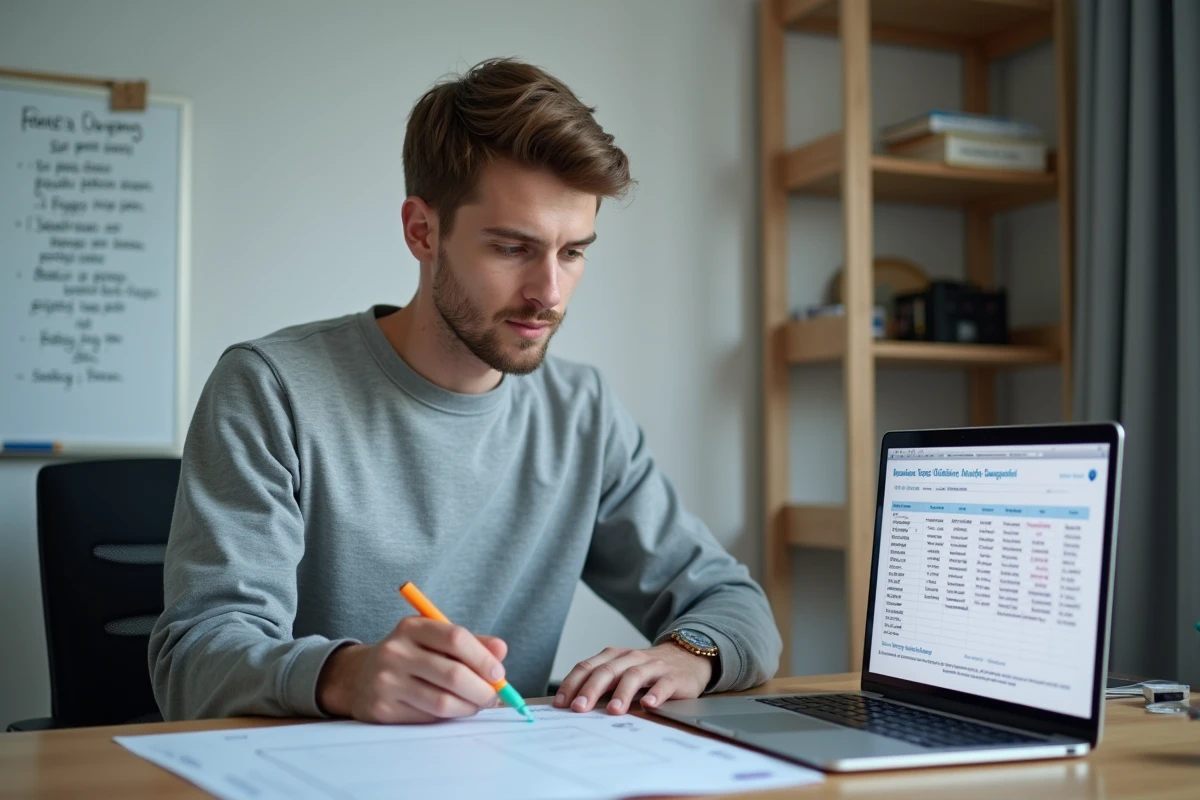 Étudiant organisant sa stratégie de révision sur ordinateur pour maximiser ses points forts au concours BCE