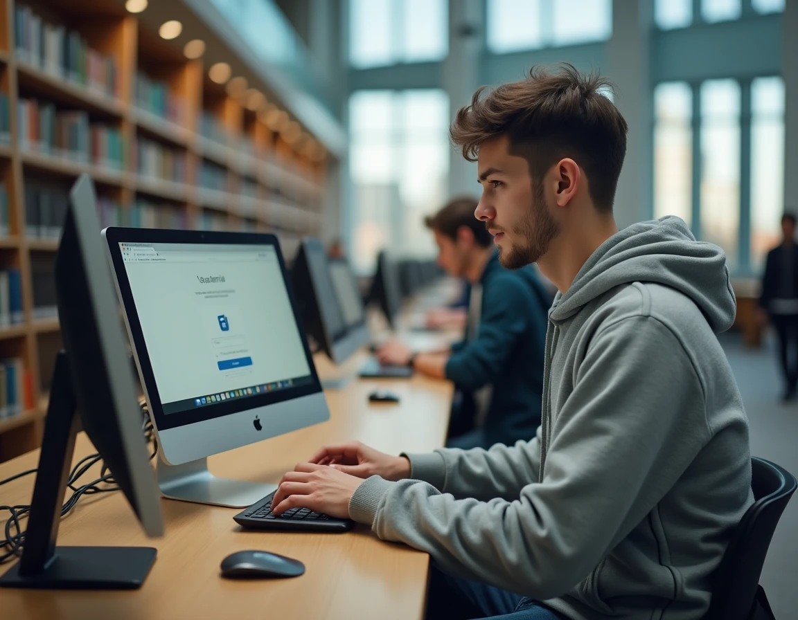 Étudiant accédant à son webmail académique de Lyon depuis un ordinateur de la bibliothèque universitaire